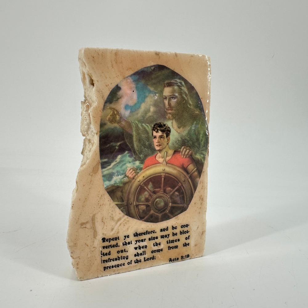Vintage Religious Stone Plaque Acts 3:19 Jesus Guiding Ship Wheel Travertine Art